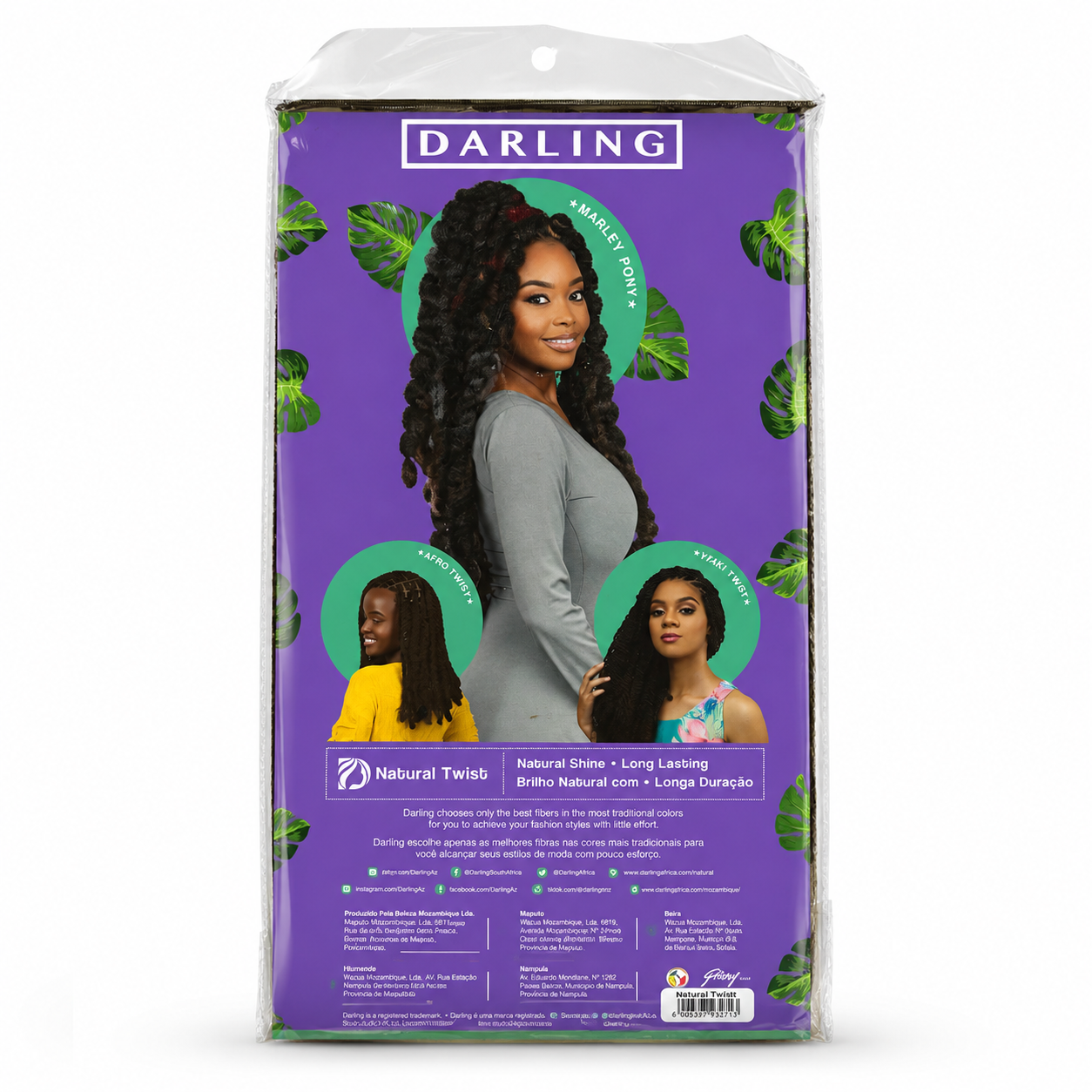 Back of Darling Natural Twist 20 inch pack with hairstyle examples